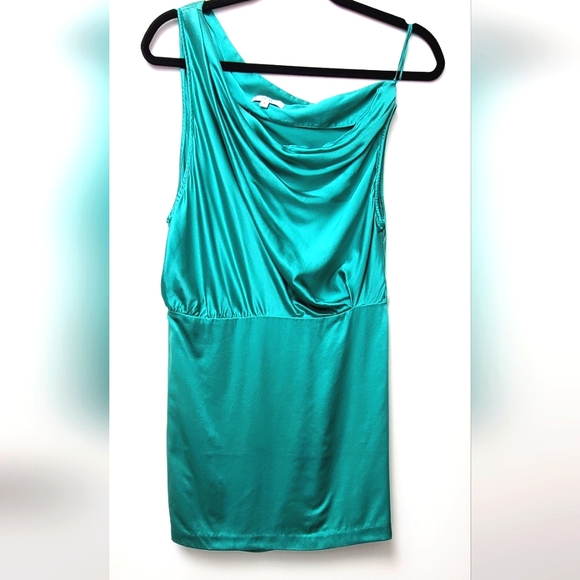 The Sei Off One Shoulder Mini Teal Silk Dress Size 6 - Picture 2 of 13